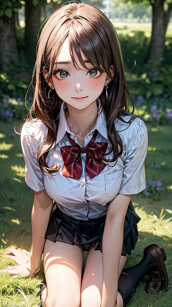 (masterpiece:1.2, top-quality), (realistic, photorealistic:1.4), beautiful illustration, (natural side lighting, movie lighting),
looking at viewer, cowboy shot, front view:0.6, 1 girl, japanese, high school girl, perfect face, cute and symmetrical face, shiny skin,
(long hair:1.8, straight hair:1.7, light brown hair), parted bangs, emerald green eyes, long eye lasher, (large :0.9, thick thighs),
beautiful hair, beautiful face, beautiful detailed eyes, beautiful clavicle, beautiful body, beautiful chest, beautiful thigh, beautiful legs, beautiful fingers,
((, white collared shirts, black pleated mini skirt, black socks, brown loafers, red bow tie)), break, hoop ring earrings, pink pantiesblue school bag, violet cardigan, break,
(beautiful scenery),
In the grass of a meadow, a girl is on all fours. A large dog hugs her back from behind.
Her face, bright red, high, both eyes closed, mouth open, whimpering.
The skirt, so short that it's almost impossible to see.