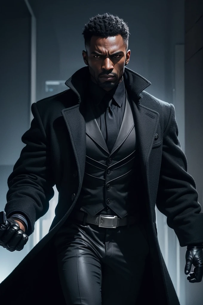 A dark man, with expression would be, wearing a black overcoat and with electrically energized gauntlets