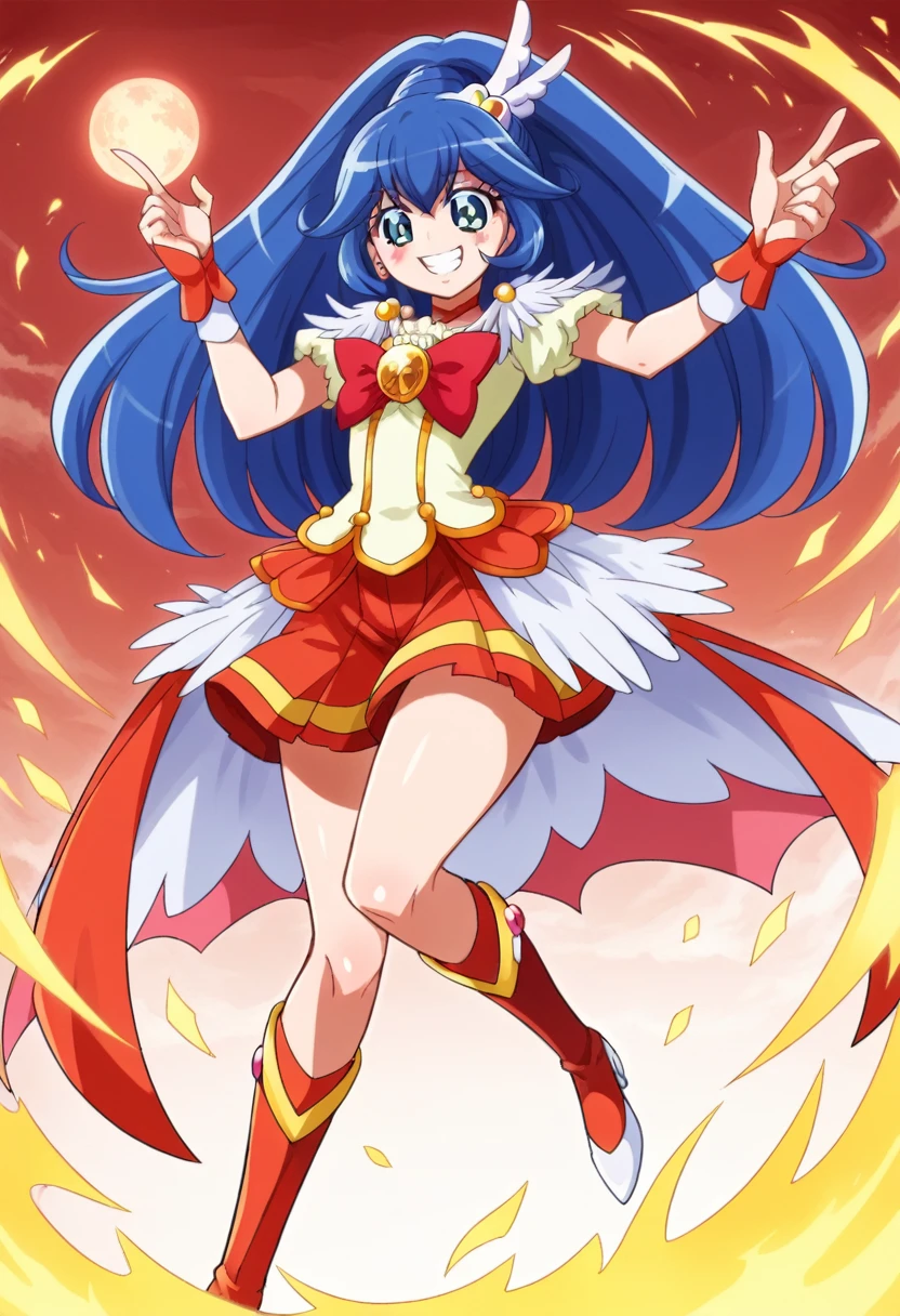 Highest quality, Very detailed,One Girl, alone, {cure_null_hirogarunullprecure:1.15}, Dark blue hair, blue eyes, Blue flames in the eyes, Long Hair, Twin tails, Magical girl, bangs, Open your mouth, Redhead, multicoloRedhead, One Girl, blunt bangs, Darken your clothes, hair ornaments, Wicked Smile, devilish aura (Shiny fabric:1.5), Full Body Shot, Purple Gemstone, attractive, blush, (Beautiful attention to detail:1.6), Very detailed顔, Perfect lighting, Extremely detailed CG, (Perfect hands, Perfect Anatomy), devil, Red and black color scheme, Shiny material, Grin, blackリボン, blackのサテン手袋, Evil clover leaf ornament, blackのフリル, jewelry, corruption, Latex Gloss, blackのゴシックマント, Wicked Smile, 背景を暗blackの世界, Red Moon, cloudy null, CG Style, One-sided black wing,Dark shadowed face,Sadistic smile,Malice,Contempt,smile,black