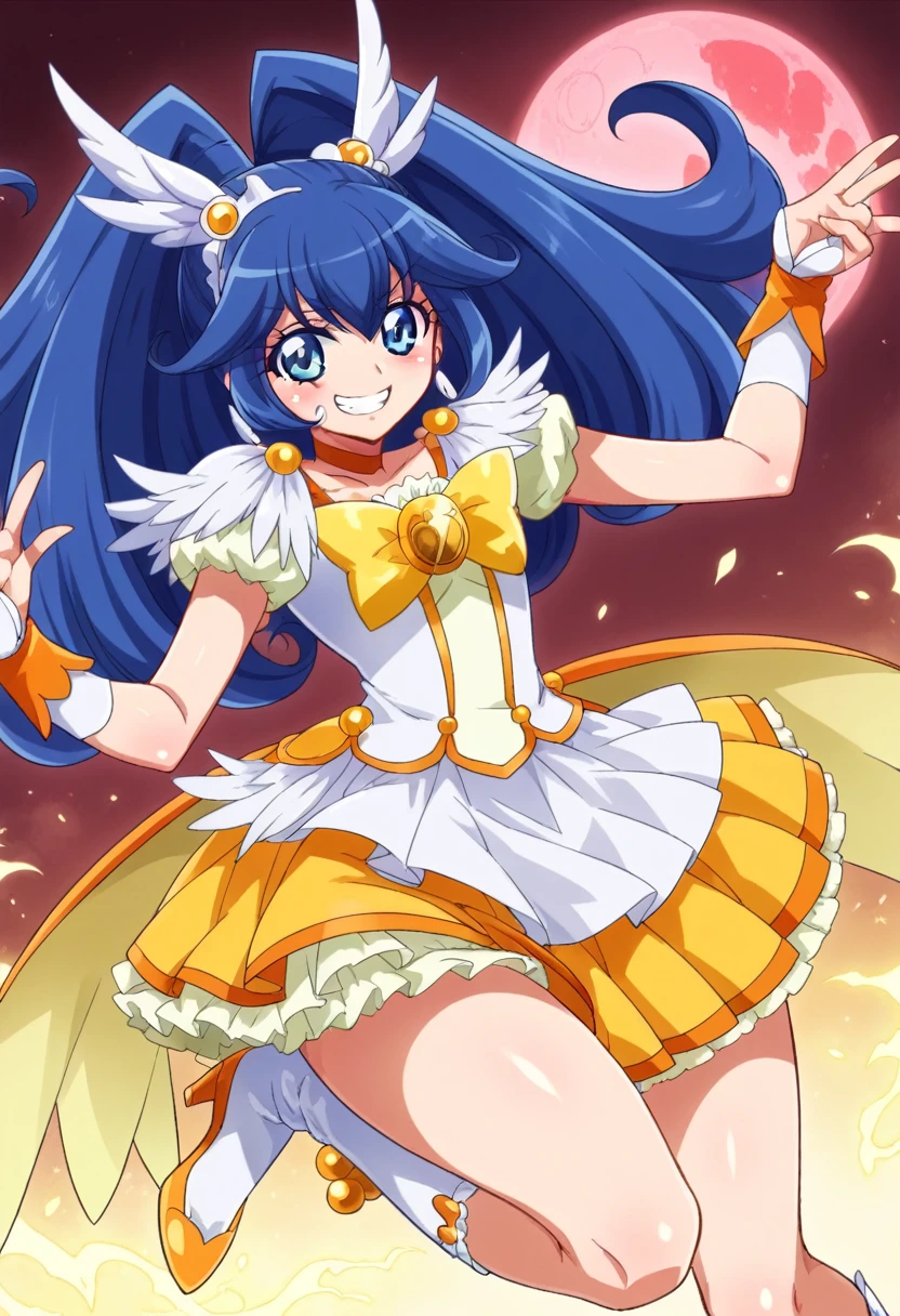 Highest quality, Very detailed,One Girl, alone, {cure_null_hirogarunullprecure:1.15}, Dark blue hair, blue eyes, Blue flames in the eyes, Long Hair, Twin tails, Magical girl, bangs, Open your mouth, Redhead, multicoloRedhead, One Girl, blunt bangs, Darken your clothes, hair ornaments, Wicked Smile, devilish aura (Shiny fabric:1.5), Full Body Shot, Purple Gemstone, attractive, blush, (Beautiful attention to detail:1.6), Very detailed顔, Perfect lighting, Extremely detailed CG, (Perfect hands, Perfect Anatomy), devil, Red and black color scheme, Shiny material, Grin, blackリボン, blackのサテン手袋, Evil clover leaf ornament, blackのフリル, jewelry, corruption, Latex Gloss, blackのゴシックマント, Wicked Smile, 背景を暗blackの世界, Red Moon, cloudy null, CG Style, One-sided black wing,Dark shadowed face,Sadistic smile,Malice,Contempt,smile,black