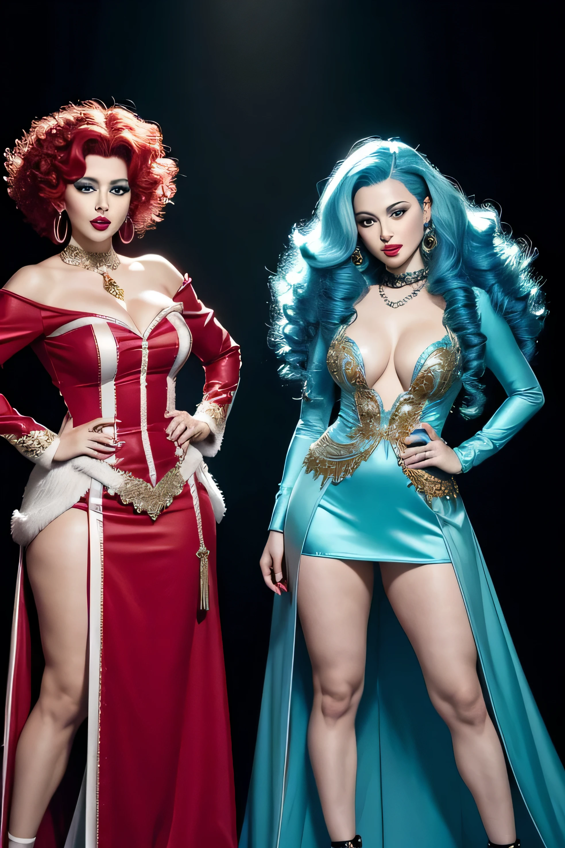 two drag queens, one with straight blue hair, brown and thin, and ther white woman with red curly hair, both wearing long clothes