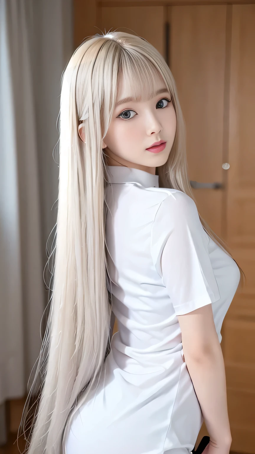 Silver Shiny Hair、Super long straight silky hair、Dazzling blonde, super long, silky hair、16 year old cute little beautiful face、Beautiful girl、A radiant blonde dancing in front of a beautiful face、length, Silky bangs that cover the area between the eyes、so beautiful, bright, big, bright青い目、Very big eyes、Hair that hides the face、Sexy and cute young woman with super long bangs、Very white skin、Cheek Gloss Highlighter、Small Face Beauty、Round face、Cute Shirts、Ample Bust