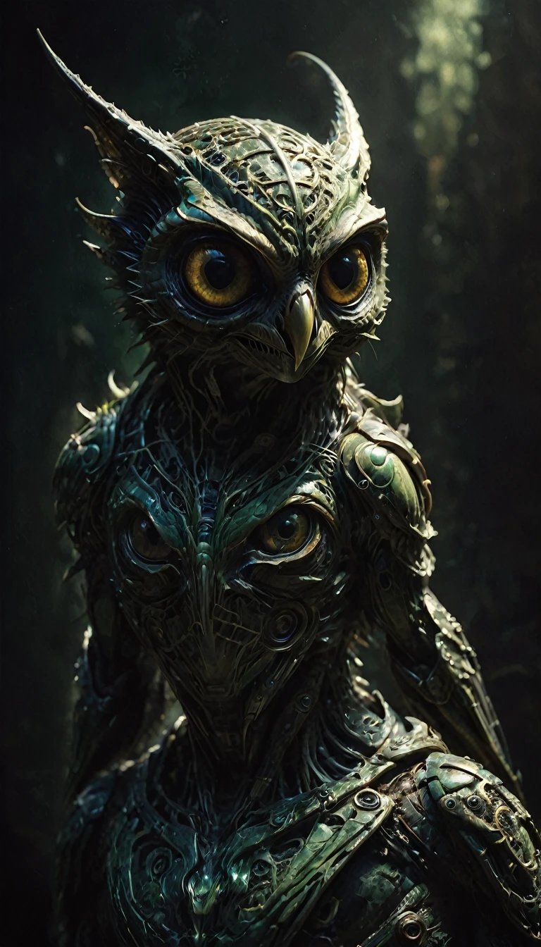 cinematic dark photo  of a terrifying alien the looks like a owl/lizard (low key lighting:1.2), (shadows:1.6),
 in a zdyna_pose, dutch angle, 
dark, chiaroscuro, (low-key:1.2)