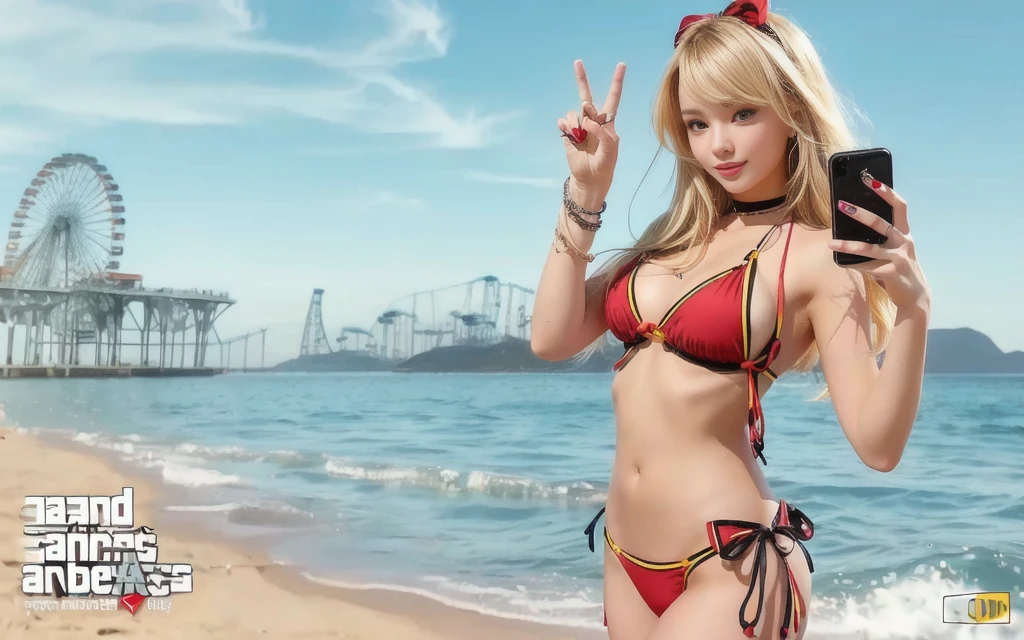 Model Kate Upton from the game GTA V, blonde hair parted in the middle without adornments, perfect body, thin waist, natural medium breasts, making the gesture of peace and love in her right hand for the photo and in her left hand she holds a black cell phone, is wearing a red latex bikini with yellow outlines and bows at the bottom of the bikini, in the background the beach and on the left the Santa Monica Pier, with part of the Ferris wheel and roller coaster showing.