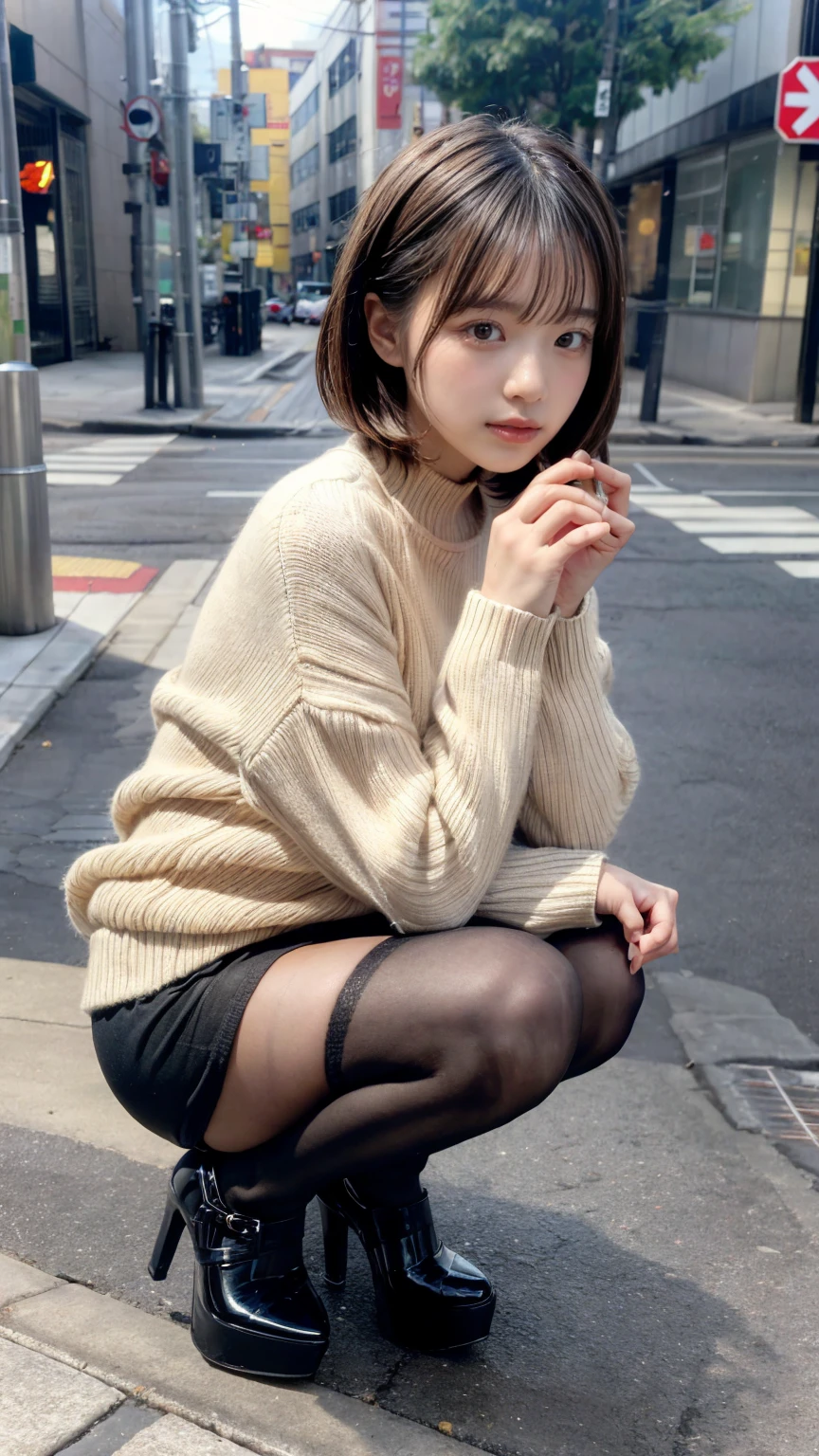 Photo taken by a professional photographer,Close-up of a woman squatting on the sidewalk with her legs crossed, kiko mizuhara, wearing a sweater, Shirahime cut brown hair, wearing a sweater, young and cute girl, japanese model, 白いwearing a sweater, Chiho, ランダムカラーのカジュアルなwearing a sweater,Cute ide waves with short hair, a cute young woman, cute young woman, black pantyhose,black tights,black high heels,