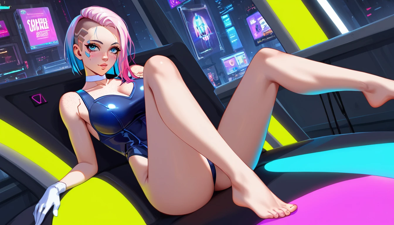 Create a digital anime-style image of a young woman with a modern, hair half top half light pink and half bottom light blue, hair cut side shaved head, eyes blue, lips atractive, beatiful fitness of her body. edgy appearance standing confidently in a dimly lit room with a cyberpunk aesthetic. The woman should tight small suit cyberpunk, sample legs and foot, legs open frontal bedroom, styled hair with vibrant colors, The room cyber high details. cute nose, seductive,white choker, pink lips, freckles, large breasts, pretty girl
