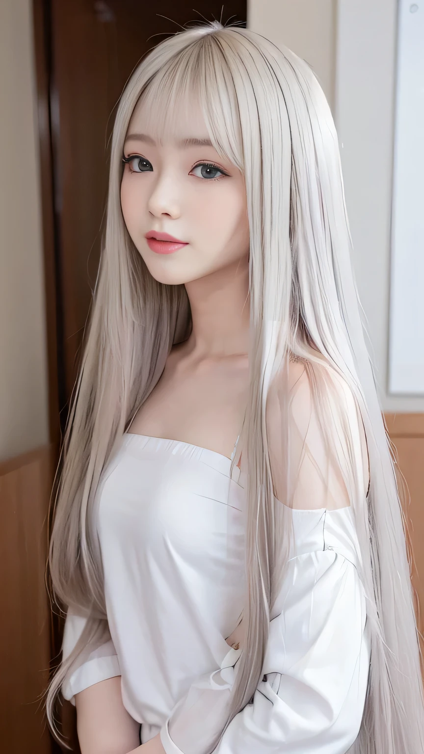 Silver Shiny Hair、Super long straight silky hair、Dazzling blonde, super long, silky hair、16 year old cute little beautiful face、Beautiful girl、A radiant blonde dancing in front of a beautiful face、length, Silky bangs that cover the area between the eyes、so beautiful, bright, big, bright青い目、Very big eyes、Hair that hides the face、Sexy and cute young woman with super long bangs、Very white skin、Cheek Gloss Highlighter、Small Face Beauty、Round face、Cute Shirts、Ample Bust