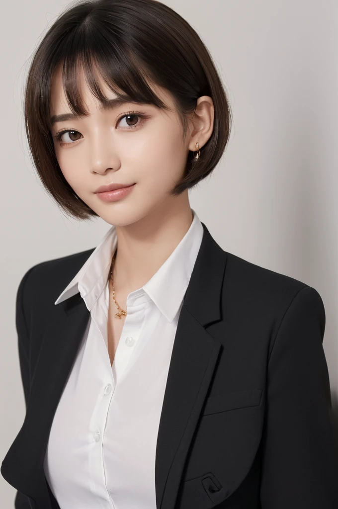 ((Highest quality, 8K, masterpiece: 1.3)), concentrated: 1.2, Perfect Body Beauty: 1.4, ((Layered Haircut,Small breasts: 1.2)), (canteen:1.3), (blazer,ribbon,White Shirt : 1.3) , A shy smile,Highly detailed face and skin texture, Simple Necklace, (Beautiful, clear black eyes:1.3), double eyelid ,White skin, medium brown bob hair, golden ratio, (shut up: 1.3),