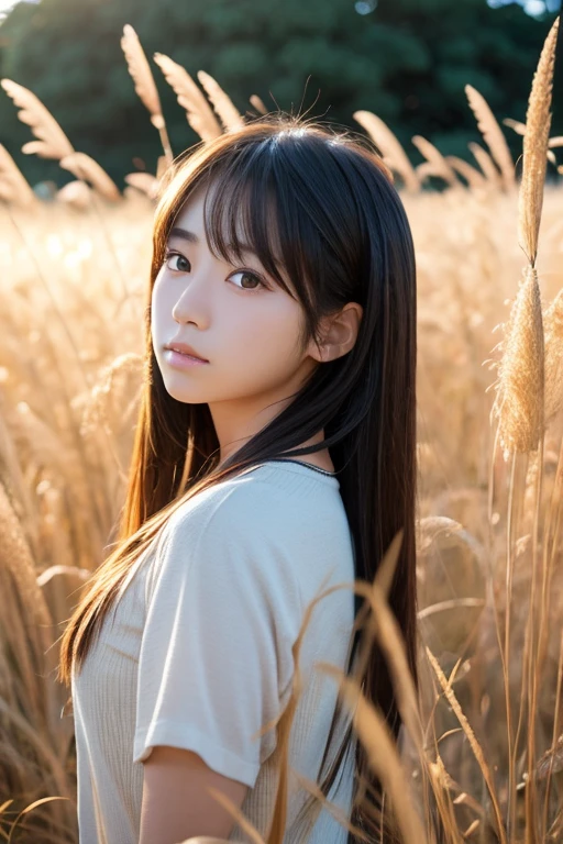 gold Pampas grass field profile up Japanese Teens woman kpop idol Low exposure