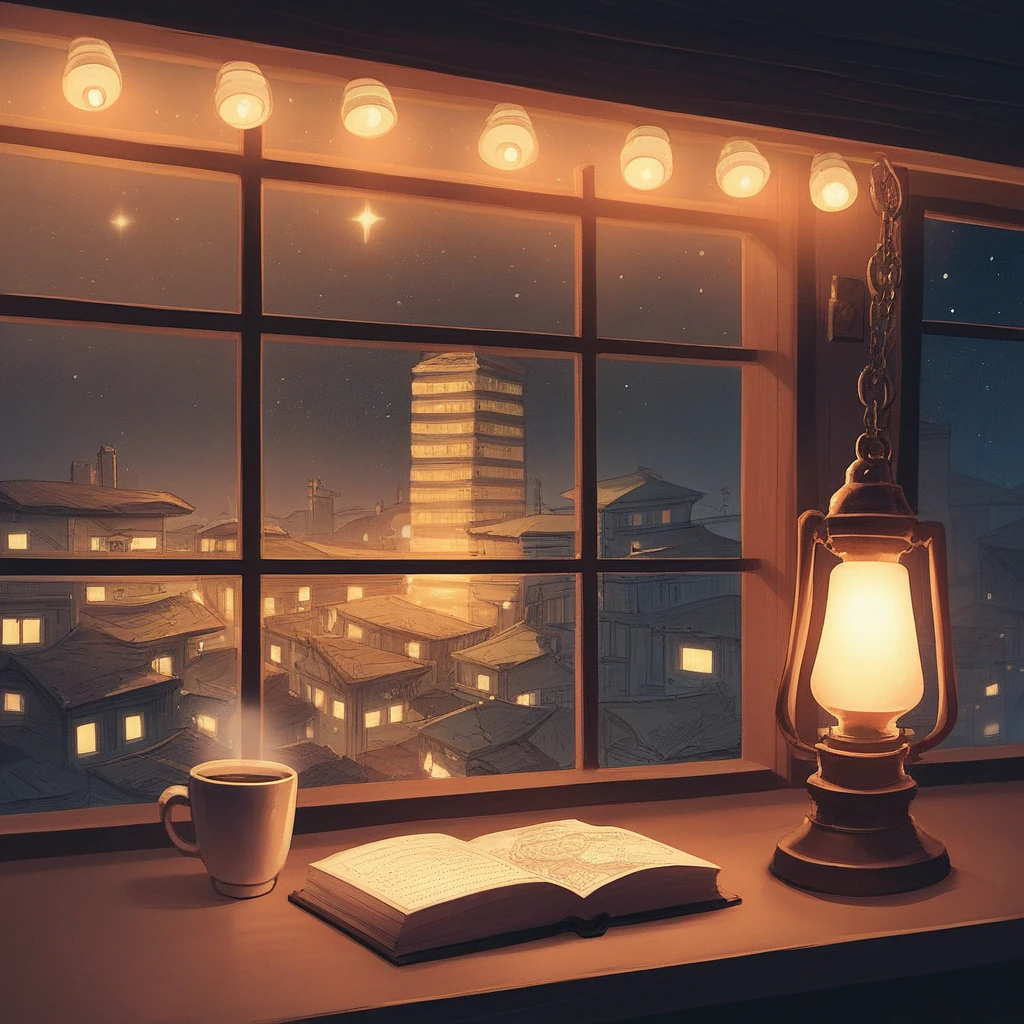 Raju, close, face, (最high quality, high quality, Sharp focus:1.2)"A tranquil night scene of a cozy café with warm lights. A person is reading a book, surrounded by the soft glow of lamps, with a cup of coffee on the table. Outside the window, a starry sky and city lights create a calming atmosphere."