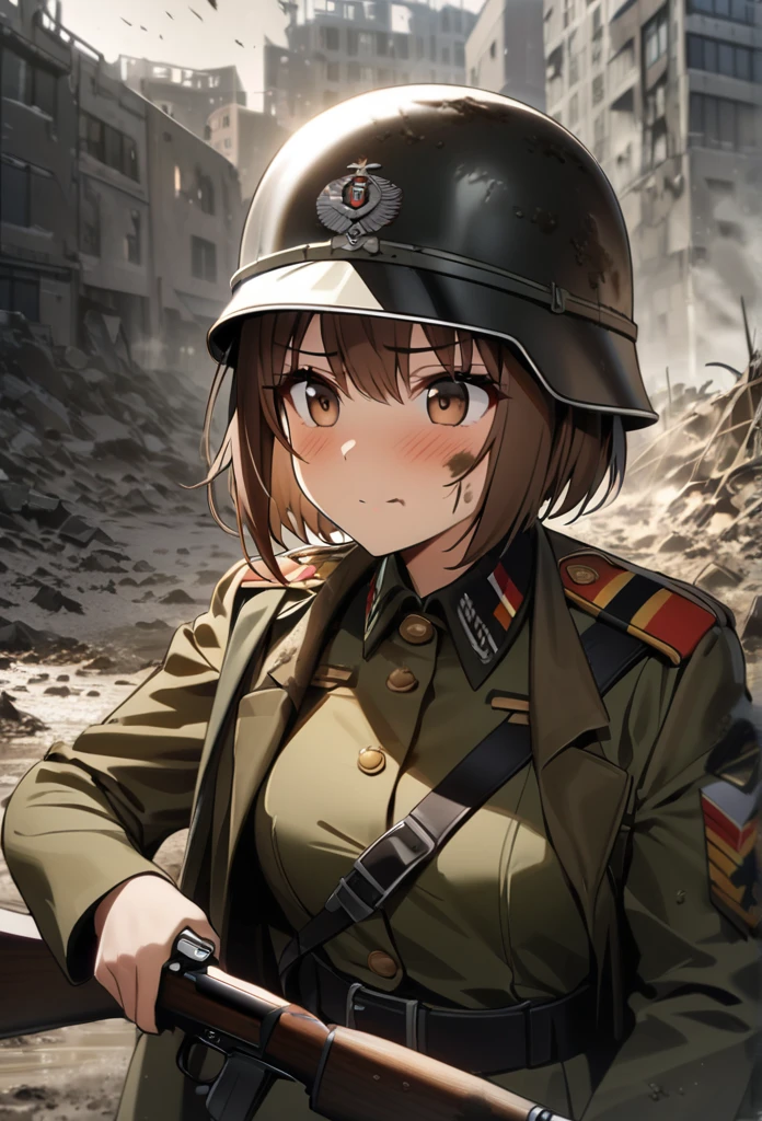 high quality, high definition images, full HD、8k.1 girl Alone.old german military uniform,short hair,Brown hair.Carrying a rifle on his shoulder., Wearing a German military helmet.、In the trenches of the battlefield,Look at the sky,broken cityscape,mud on the face,mud on my jacket,It's raining 1 girl, wide, black fur, cabello rLook like, Alone, open Look likes, Look like_face mask, head wings, hair ornament, blunt bangs, light blue spotlight shining downwards, feathers, Dark, falling feathers, devil, Mysterious, black background, wind, smiling, Jacket, top down view, View from above, wide bright neon pink Look likes, looking at the viewer, crazy expression, instead, glowing Look likes,
