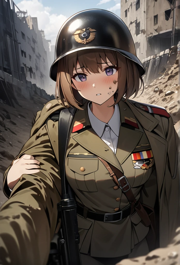 high quality, high definition images, full HD、8k.1 girl Alone.old german military uniform,short hair,Brown hair.Carrying a rifle on his shoulder., Wearing a German military helmet.、In the trenches of the battlefield,Look at the sky,broken cityscape,mud on the face,mud on my jacket,It&#39;s raining 1 girl, wide, black fur, cabello rLook like, Alone, open Look likes, Look like_face mask, head wings, hair ornament, blunt bangs, light blue spotlight shining downwards, feathers, Dark, falling feathers, devil, Mysterious, black background, wind, smiling, Jacket, top down view, View from above, wide bright neon pink Look likes, looking at the viewer, crazy expression, instead, glowing Look likes,


