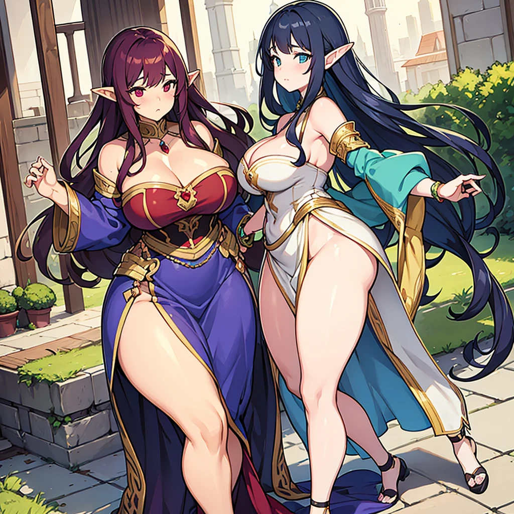 A beautiful elf woman with a curvy and chubby body, wide hips and large breasts, love handles, quite long waist-length and semi-cured burgundy hair, Wearing a loose Beautiful indigo dress with gold and red details to the knee, With loose sleeves up to the wrist , sassy, pouting, little belly