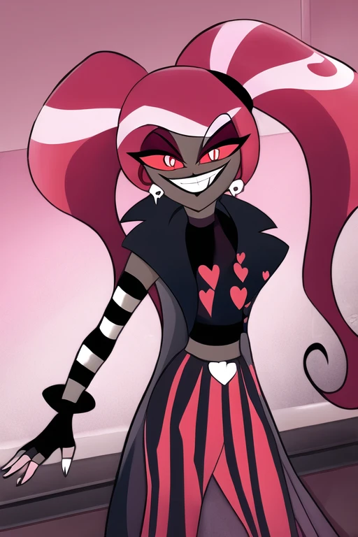 VelvetteHH, 1girl, solo, black jacket, strip pants, dark skin, ponytails, fingerless gloves, girl1, room, red and white eyes, black shirts, smiling, room, sexy pose