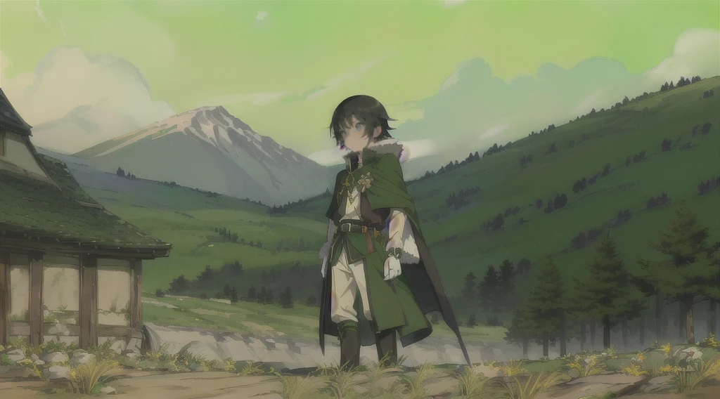 yuichiro hyakuya, (WithoutFear:1), 1 boy, black hair, green eyes, brown coat, gray armor, green shield, green cloak, dark brown gloves, town, white fur trim, tall, anime, standing, good quality, portrait, looking at viewer