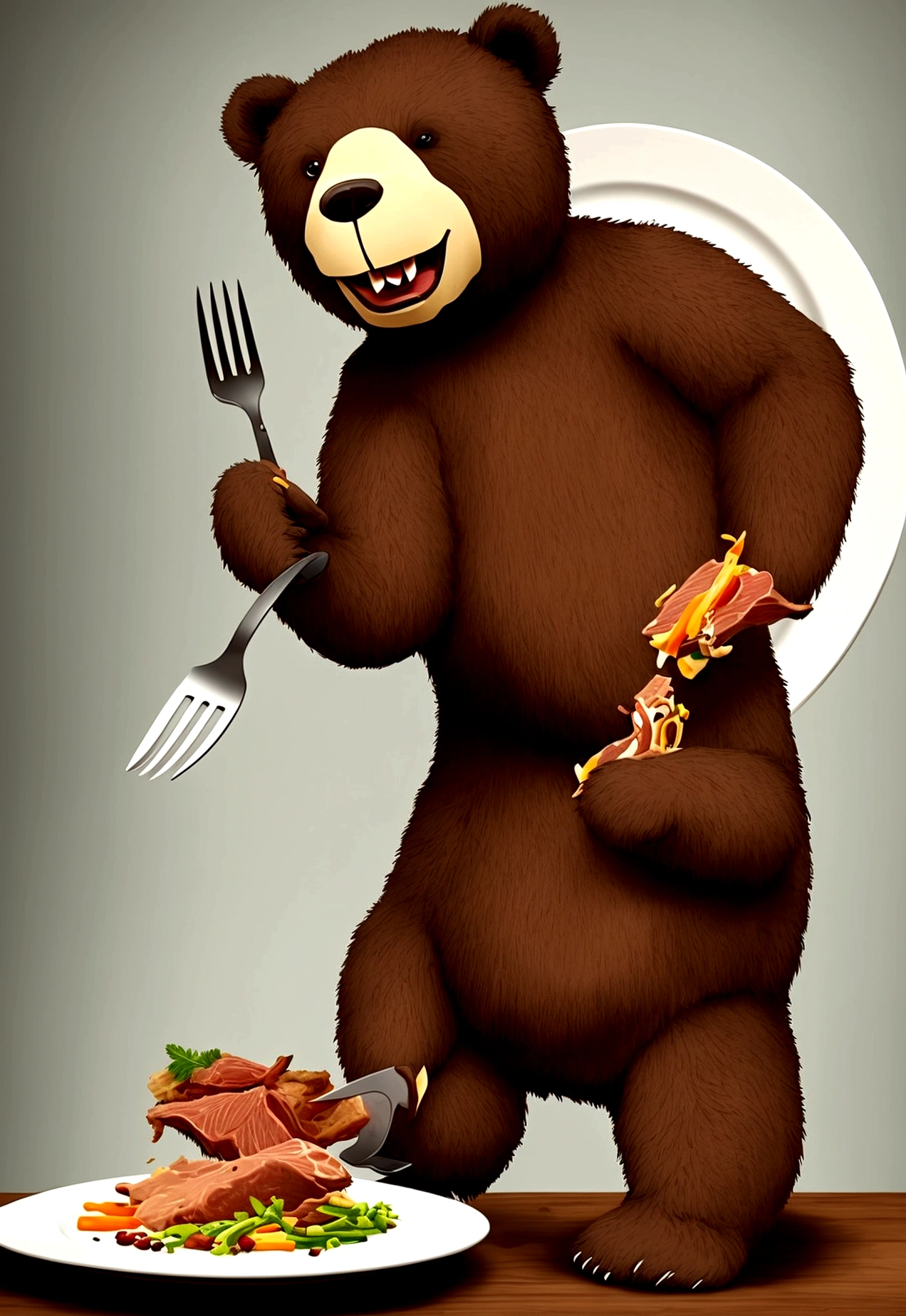 A big, cute bipedal bear eating meat from a plate with a knife and fork