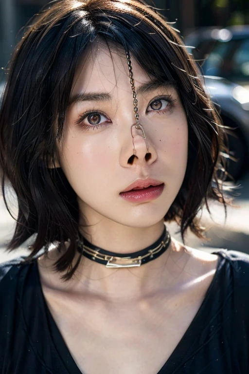 (nsfw:-2), (realistic, photo-realistic :1.4), (Highest quality, masterpiece:1.2), RAW photo, high resolution, intricate details, extremely detailed, realistic and sharp details, portrait, (bust shot, frontal photography:1.2 ), solo, a Japanese beautiful woman, pretty woman, dark hair, (short bob hair), detailed face, detailed eyes, beautiful pupils, sophisticated nose, pale skin, fine-textured skin, (nose hook, chain strap), (choker with jewelry), collarbone, shoulders, t-shirt, skirt,