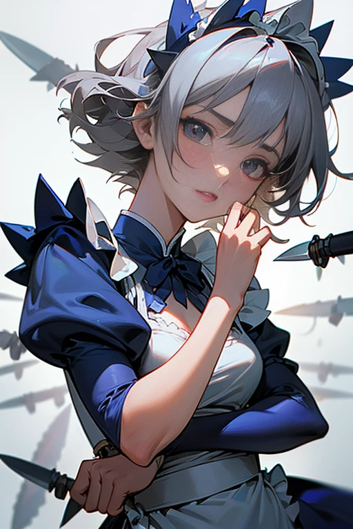 ((16 nights of divorce)), ((Oriental Project)), Cosplay, 20-year-old woman, (((Gray Hair)), ((Medium Spiky Hair)), ((Blue maid outfit)), ((White blouse)), Center of chest, (Light)))), (Pause))), (Photorealistic photography: 1.3), rim Lighting, (Skin with attention to detail:1.2), 8K UHD, Digital SLR, high quality, High resolution, 4K, 8K, Bokeh, Absurd, The optimal ratio is four fingers to one thumb, (Genuine:1.3), The cutest girl 1, Lots of knives.(Face Sharpening)、(Throwing knives)