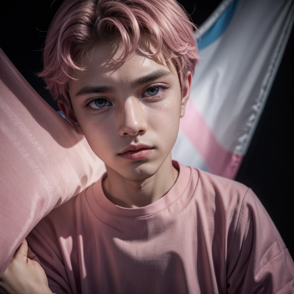 a shy boy in darkness badroon with a pink shirt and gay flag
