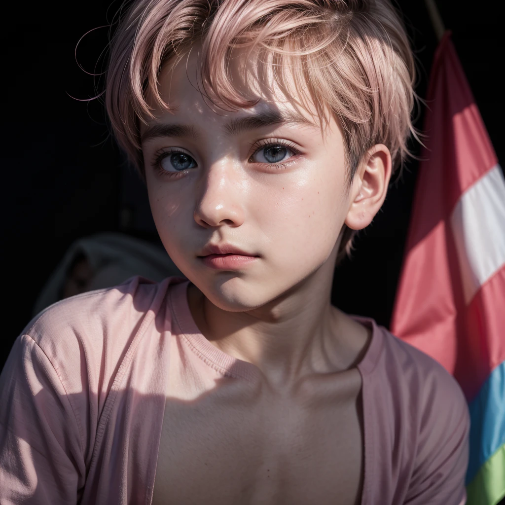 a shy boy in darkness badroon with a pink shirt and gay flag