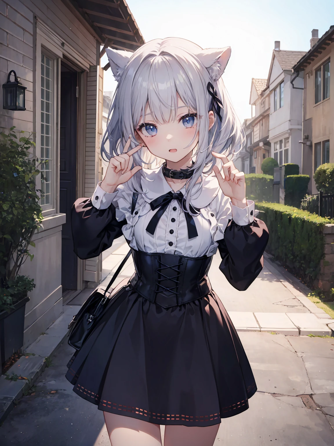 Super beautiful illustration、Petite、kawaii girl、complex、finely eye、Realistic skin texture、Outstanding looks、Petite、adolable、Smooth hair、Cute gesture、Mocking Pose、doress、long-sleeve、With collar、Long length skirt、corsets、Cute socks、cowboy shot、outside of house、Beautiful park、Three-dimensional、Deep background、Well built building、