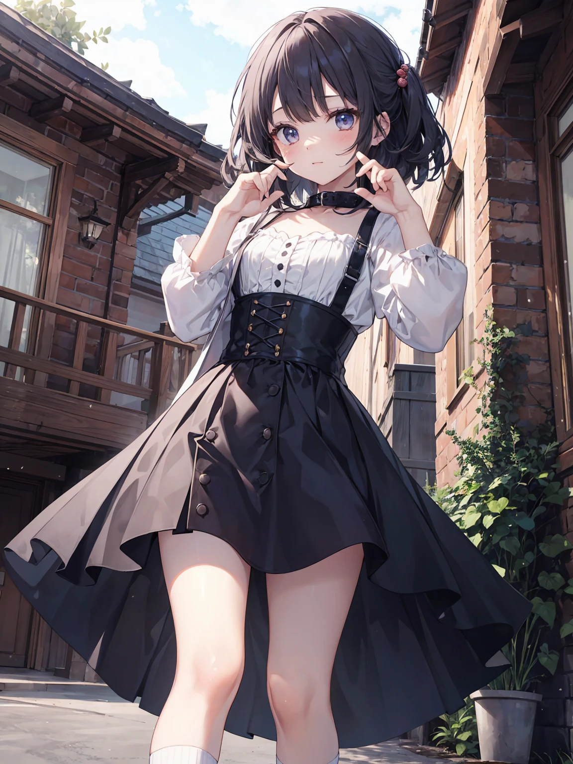 Super beautiful illustration、Petite、kawaii girl、complex、finely eye、Realistic skin texture、Outstanding looks、Petite、adolable、Smooth hair、Cute gesture、Mocking Pose、doress、long-sleeve、With collar、Long length skirt、corsets、Cute socks、cowboy  shot、outside of house、Beautiful park、Three-dimensional、Deep background、Well built building、