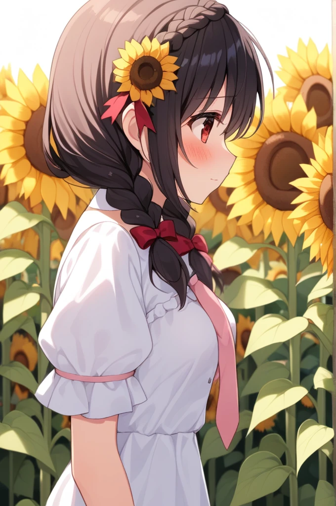 alone, One girl、Crown braids in the same color as your hair, hair ornaments, Hair Ribbon, Pink tie, (White dress), Sunflower field、Red Eyes、Black Hair、(blush:1.2)、(An emotional profile:1.2)、Slightly larger breasts