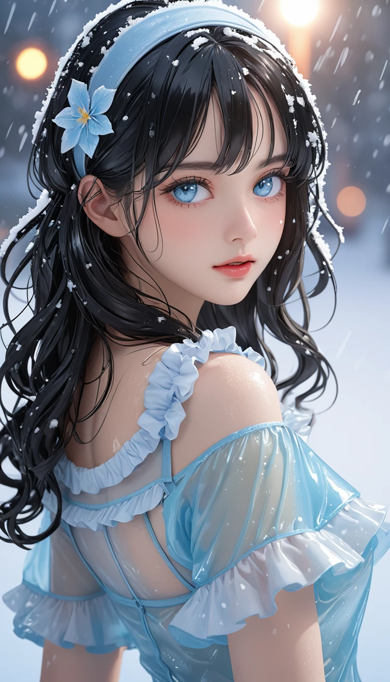 (((masterpiece))),Highest quality,figure,4k wallpaper,Cinema Lighting,Absurd,1 Girl,(snow,ice),snow flower,In winter,(((Pale blue eyes))),(((Black Hair))),Shiny Hair,curl,Transparent clothes,Frills,race,Wet clothes,Leave_shoulder,hair band,masterpiece,Absurd,Beautiful Face,Features,Natural light,Soft Light,(Seven-part combination),amazing,Dreamy and magical,mystery,