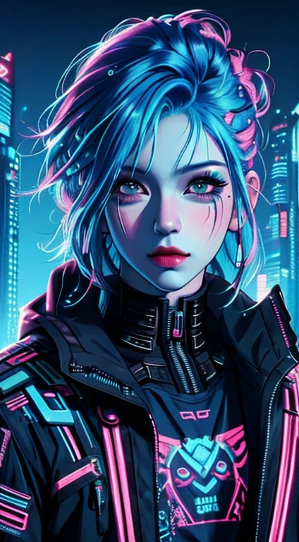 there is a woman with blue hair and a jacket, hyper-realistic cyberpunk style, realistic art style, Retrato ciberpunk, 🤤 portrait of , cyberpunk artstyle, cyberpunk anime digital art, Retrato de RossDraws, garota cyberpunk sonhadora, the cyberpunk portrait of , portrait of cg society, cyberpunk style , hyper realist, realism art style, photorealistic art style, rossdraws pastel vibrante, smiling