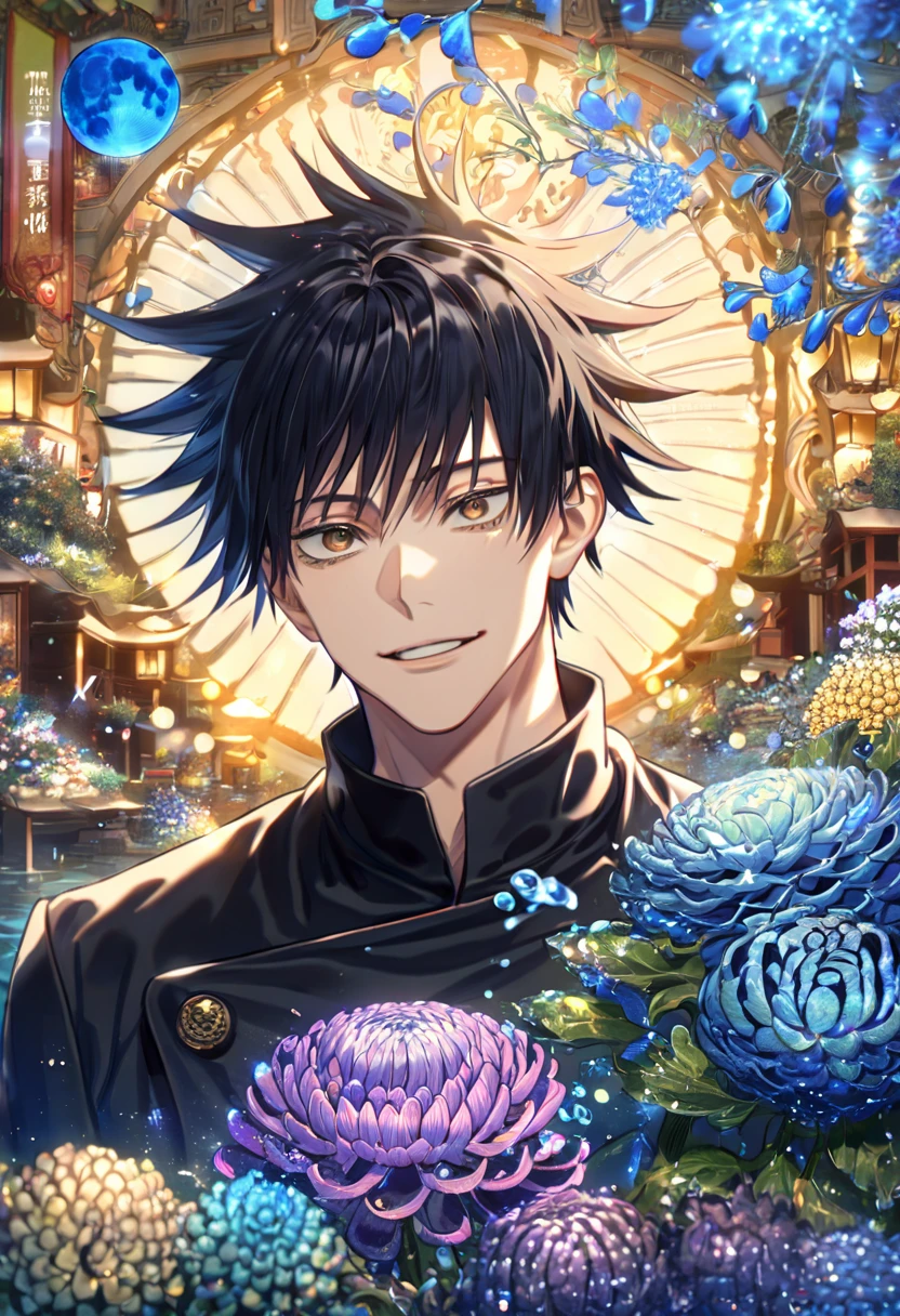 absurdres, highres, ultra detailed, HDR, master piece, best quality, extremely detailed, Todou Aoi, black hair, expressive brown eyes, Jujutsu Kaisen, solo, sexy man, handsome, handsome smile, black uniform, fantasy, water, sparkling, blue glittering fireflies, blue moon, blue blossoms, blue chrysanthemums, blue sparkling lights, starry sky