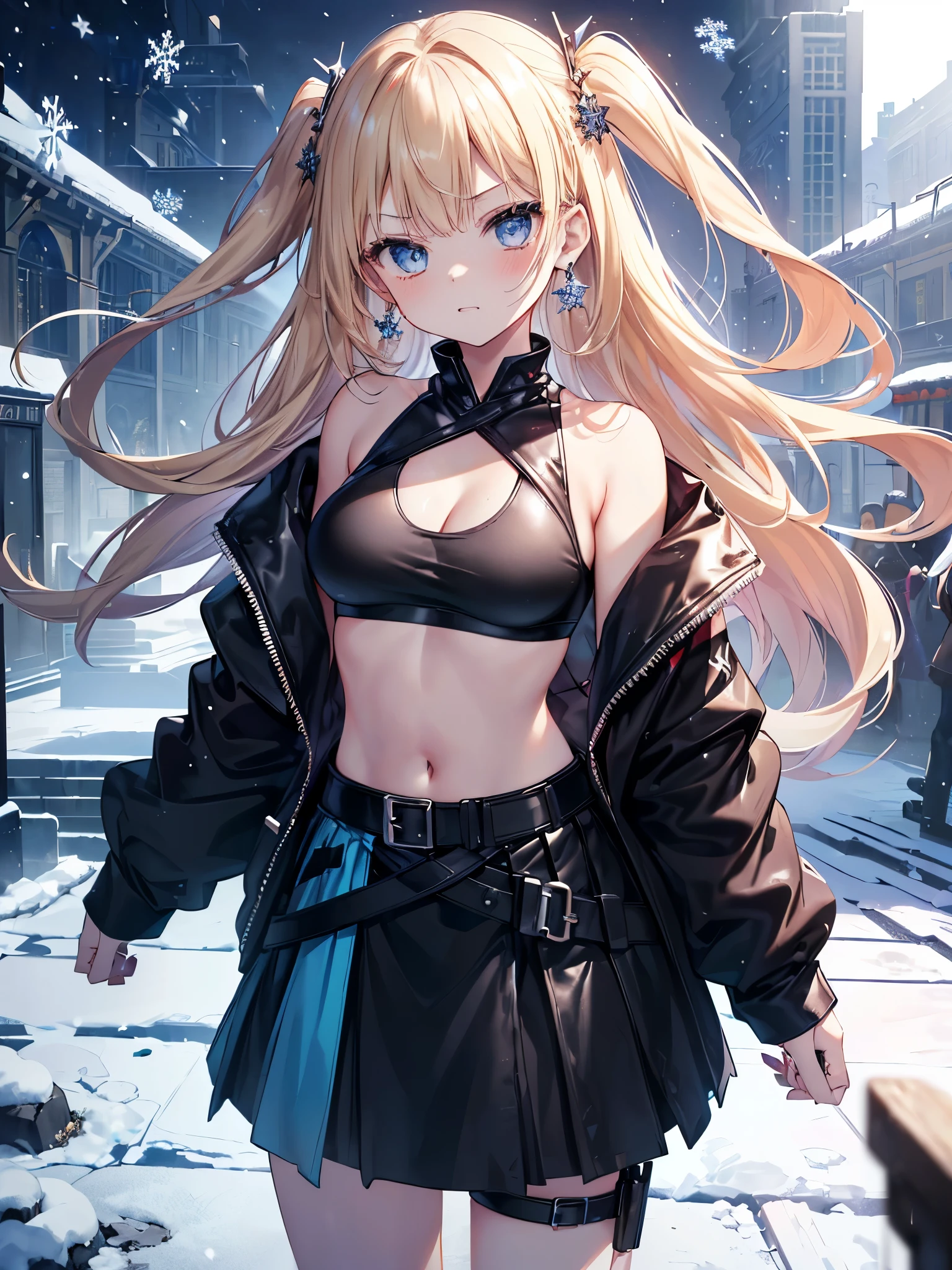 top-quality、Top image quality、​masterpiece、girl with((black leather sports bra、black rollout jacket、Black leather skirt、sixteen years old、teen ager、cute little、Best Bust、big bast,Beautiful light blue eyes、Breasts wide open, a blond、A slender,Large valleys、belligerent movements,Warlike face、Holding a handgun、dye one's cheeks red、fighting poses、Laugh、sapphire earrings)),hiquality、Beautiful Art、Background with((universes、snowflakes falling、Heavy snow falls、Station platform)))、masutepiece、depth of fields,8K