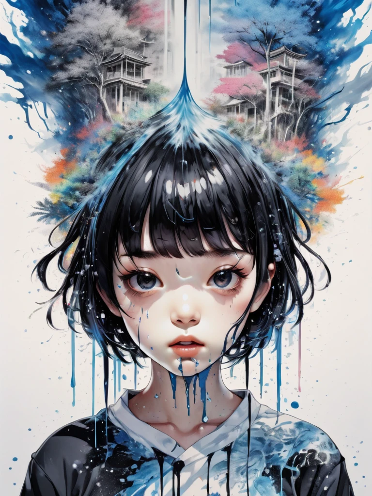 (masterpiece:1.2), ((Intricate details)), Cover art, chaos, Upper Body, One girl, Japanese Girls, short hair, Black Hair, bangs, Forehead hair, high quality, (Ink Random 6 colors), ((Front view)), Dripping from the face, Clothes dripping, Ink dripping, (Additional weight 1:1.0), (Double exposure), Ink painting landscape、People are cute