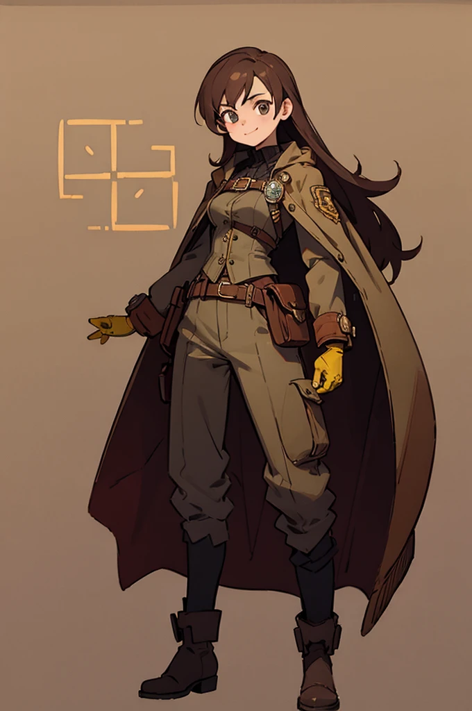 1.steampunk,,Brown Hair,Long Hair,goggles,A fake smile,gloves,whole body,boots,pants,bright