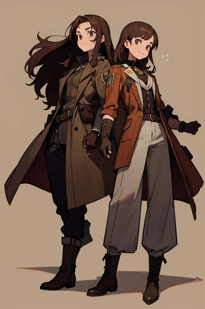 1.steampunk,,Brown Hair,Long Hair,goggles,A fake smile,gloves,whole body,boots,pants,bright