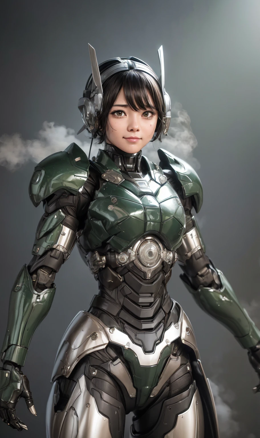 Textured skin, Super detailed, Attention to detail, high quality, 最high quality, High resolution, 1080P, hard disk, beautiful,(War Machine),beautifulサイボーグ女性,Dark Green Mecha Cyborg Girl,battle,Girl with a mechanical body,、Plain junior high school girl　Boyish short hair、Sweaty brown eyes、Sweaty face、Expressions of joy　Blushing　Cute Smile　Black-haired　((Steam coming out of the head)) (Steam coming out of the whole body) Cool pose　Gloss　Sweat flying