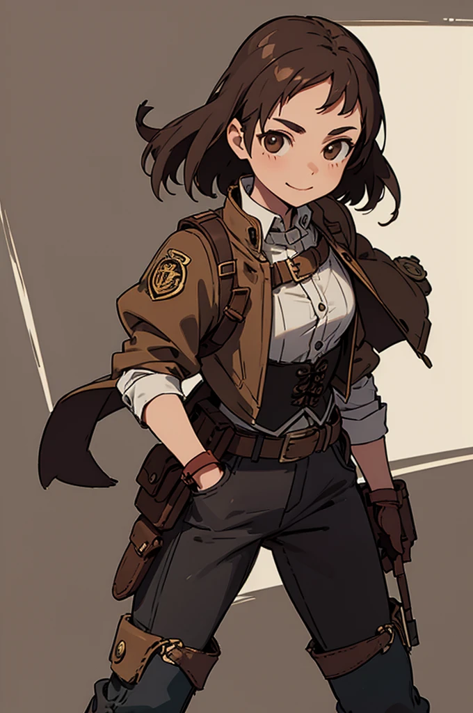 1.steampunk,15 years old,Brown Hair,goggles,A fake smile,gloves,whole body,boots,pants