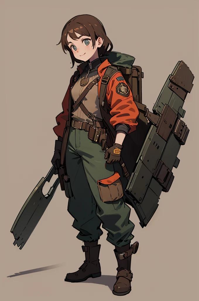 1.steampunk,15 years old,Brown Hair,goggles,A fake smile,gloves,whole body,boots,pants