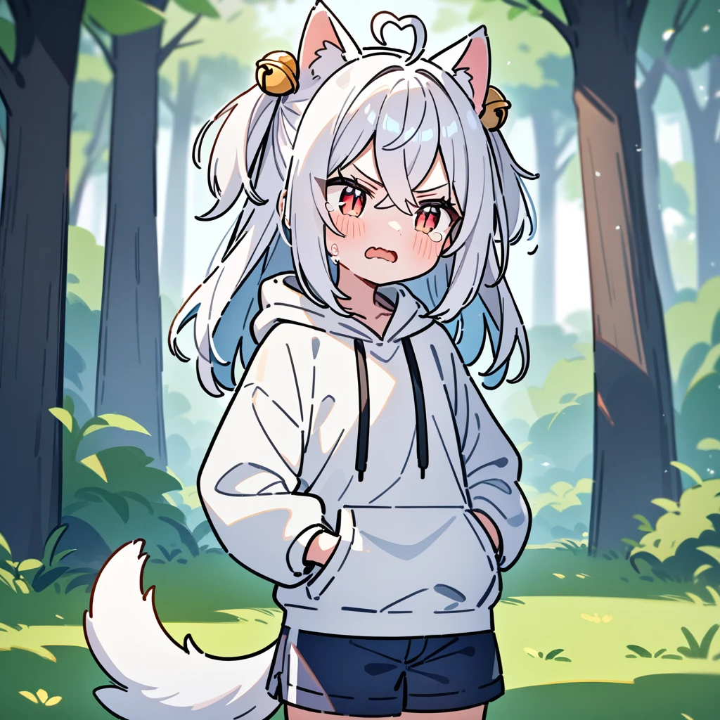 （masterpiece：1.2，high quality），8K，High resolution，A -year-girl，e girl，white hair，long hair，hair two side up，hair bell，crossed bangs，red eyes，slit pupils，heart ahoge，cat ears，angry，tears，Wearing a white hoodie，Dark blue shorts，Stand in the forest，There are flowering trees on both sides.，primary scho，dog tail，（Put your hands in your pockets），（（Put your hands in your pockets））