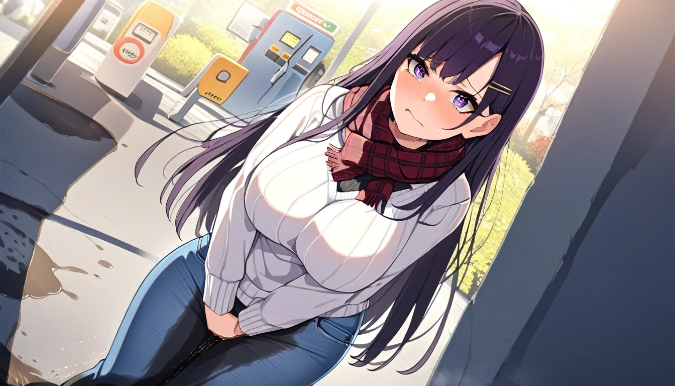(masterpiece:1.37), best quality, (extremely detailed:1.37), (1girl:1.5), woman, (mature:1.5), (adult:1.5), large breasts, very long hair, (straight hair:1.5), (very dark purple hair:1.5), purple eyes, (extremely detailed eyes:1.37), sweater, scarf, jeans, desperation, (wetting self:1.5), standing, embarrassed, humiliation, blushing, gas station, snowing, street, golden hour