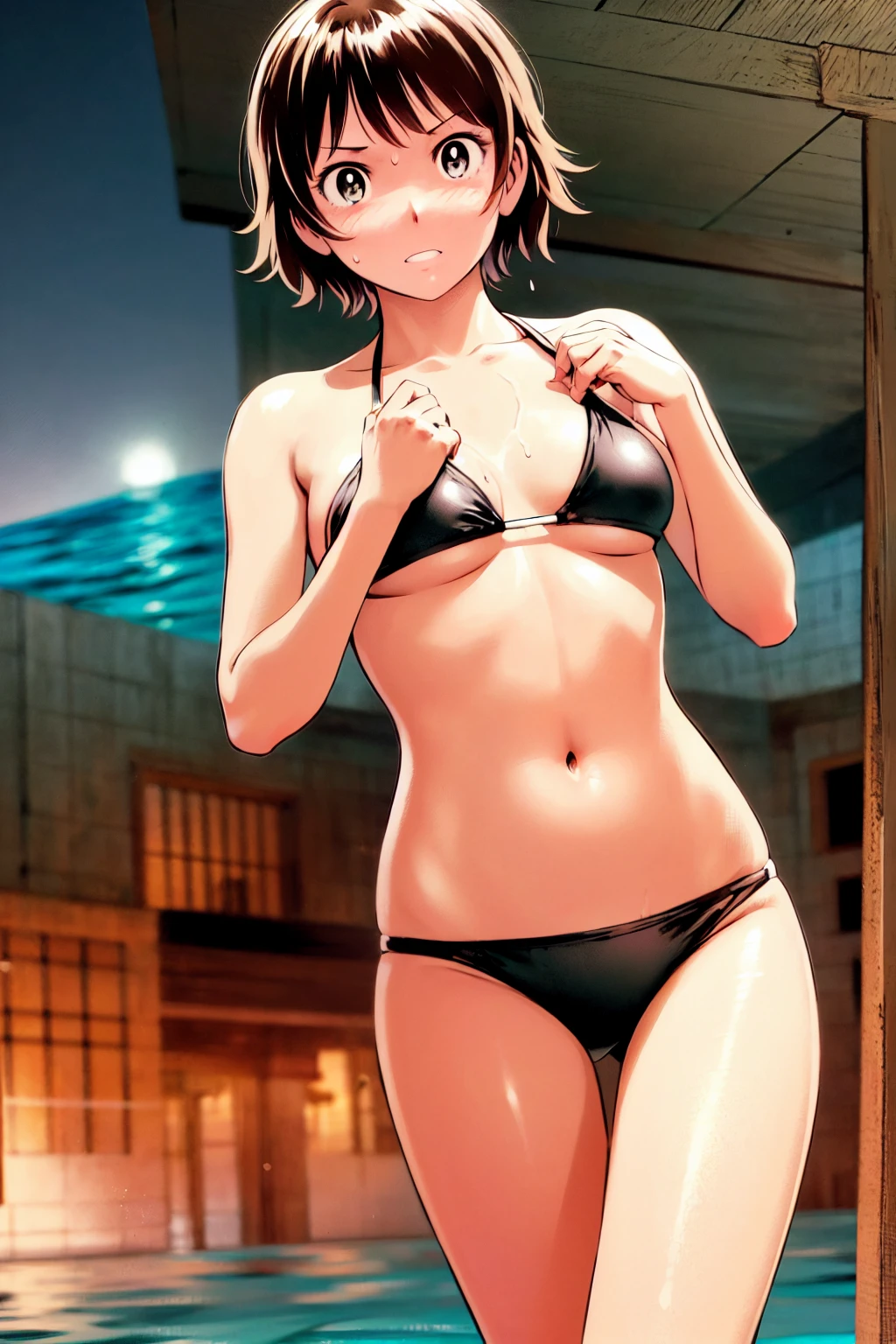 、(masterpiece、Highest quality)、Highest quality, Ultra-high resolution, (((masterpiece))), alone, Sweat、Big eyes, Composition from the front、Shortcuts、Embarrassed face、Bronze colored hair、Cut your hair short、Ocean、beach、Black Micro Bikini、belly button、short hair