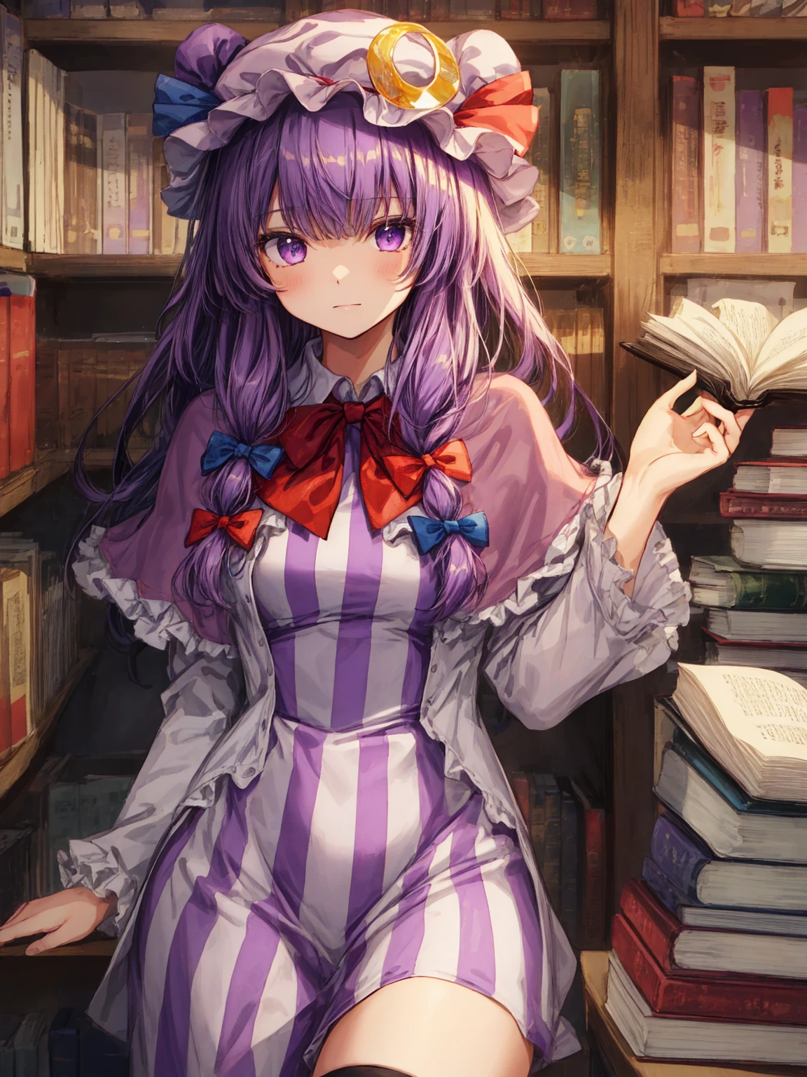 best quality, masterpiece, highres, solo, {patchouli_knowledge_touhou:1.15}, long_hair, purple_hair, crescent, purple_eyes, ribbon, hat, bow, bangs, mob_cap, hat_ornament, crescent_hat_ornament, hair_bow, red_bow, blue_bow, upper_body, book, red_ribbon, capelet, hat_ribbon, striped, very_long_hair, 1girl, blunt_bangs, dress, book, long_sleeves, looking_at_viewer, open_book, striped_dress, vertical-striped_dress, vertical_stripes, blue_ribbon, purple_dress, purple_headwear, sidelocks, bowtie, frills, purple_capelet, red_bowtie, sitting, wide_sleeves