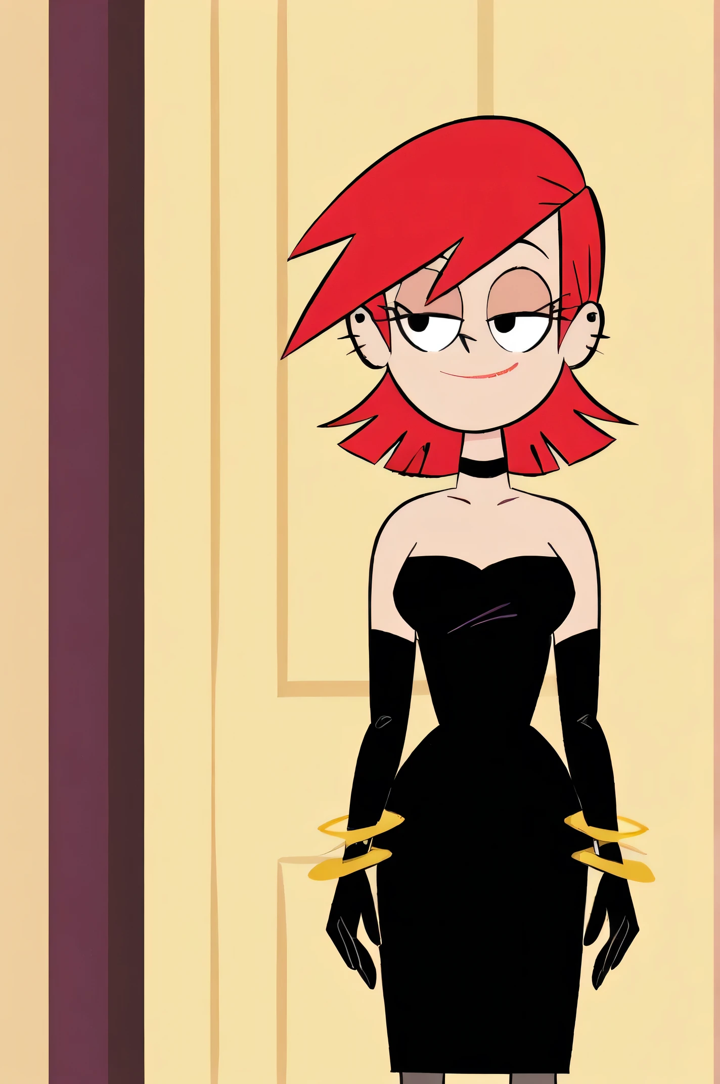 FrankieFoster, red medium hair, red bob hair cut, black eyes, posing, solo, strapless white shirt, black pencil skirt, dress, black elbow gloves, gold bracelet, smug, beautiful, arms at sides, standing at the pink front door, looking at viewers,