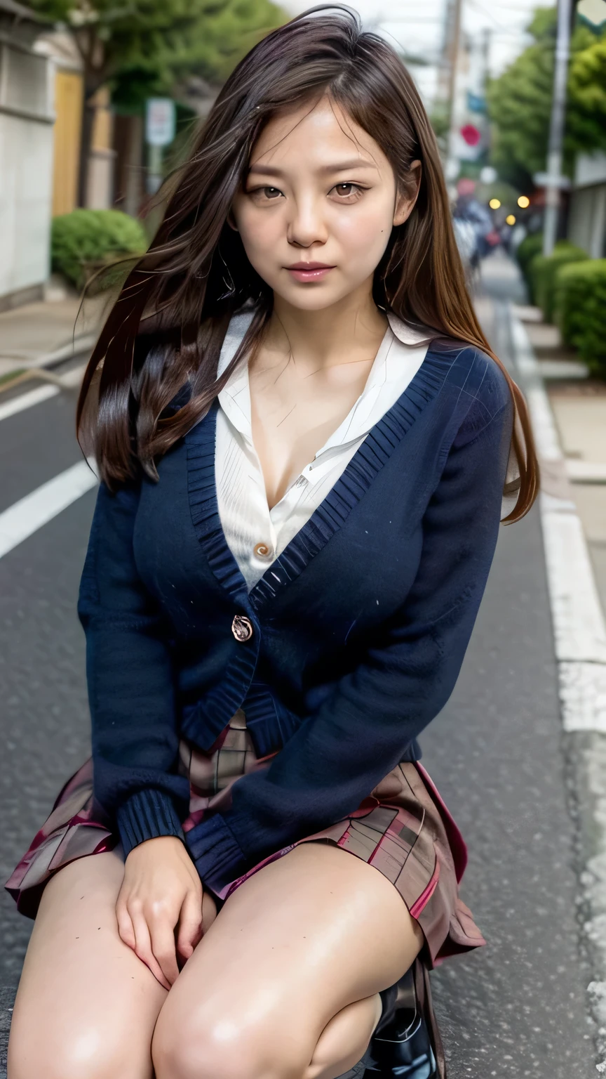 (High school girl bowing on Tokyo street:1.2、blue sky、Breast flash)、((school uniform、blazer、Pleated skirt、Navy blue socks、loafers)、the wind is strong、(Realistic、Like a photograph、Live Action、8K, Realistic, RAW Photos, Best image quality: 1.4), Single-lens reflex camera、RAW Photos, Highest quality, Realistic, Highly detailed CG Unity 8K wallpaper, Written boundary depth, Cinematic Light, Lens flare, Ray Tracing, Realistic background、((ultra high density skin))、  girl on her way to school,Cute Japanese、(ＹThe buttons on her shirt are undone, exposing a small portion of her bra.:1.4、Big Breasts、The top part of the bra is visible.)、(whole body:1.5)、Super detailed face，avert your eyes:1.1、(Silver inner color hair、Straight Long Hair:1.2、My hair flutters in the wind:1.4)、I like that style、stylish、Very detailed、Pay attention to the details、Perfect outfit、(Sunburned skin)、View from above、Accurate hands、Accurate legs、Detailed hands and fingers、Anatomically correct body、Thin legs、Thin thighs、Large Breasts、Detailed bra