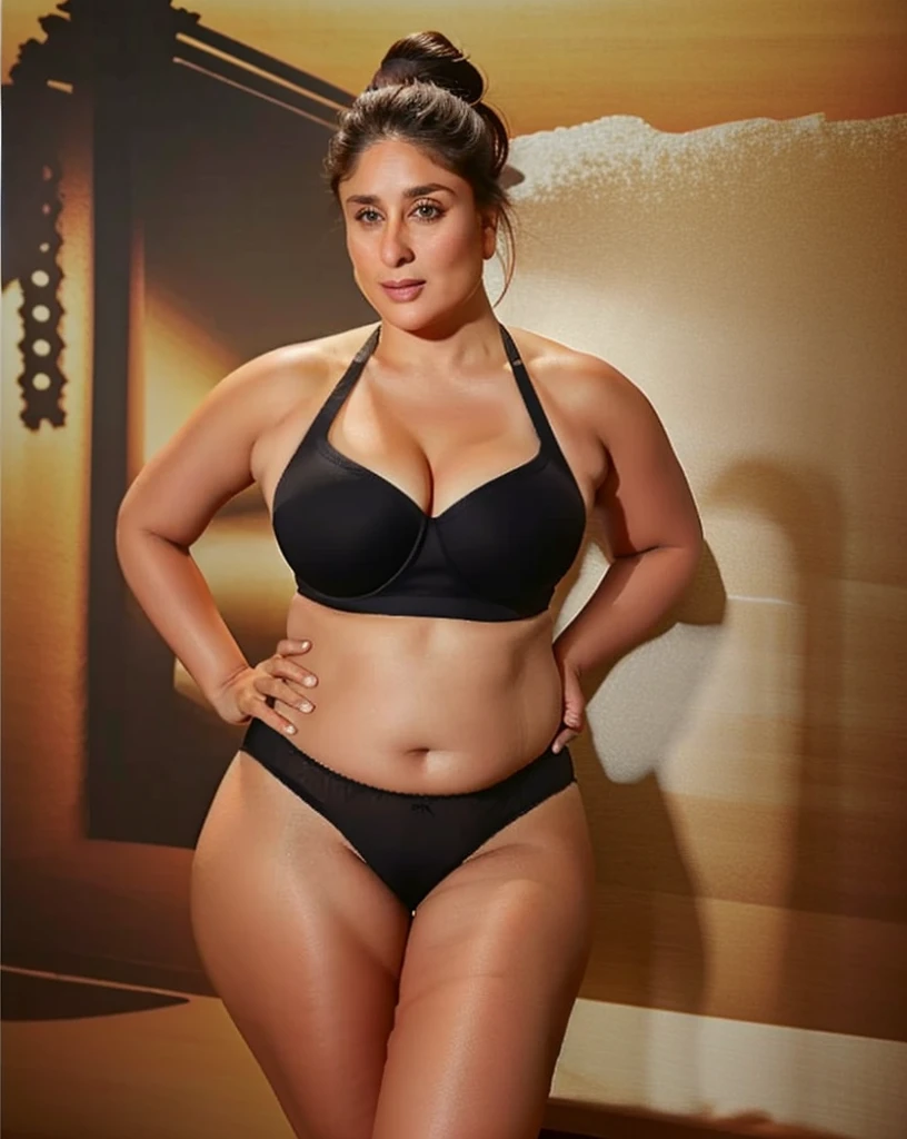 ntg kareena kapoor, big breast , thick thighs ,black bra and underwear,wear sneakers, seductive expression, studio lighting, photography studio backdrop, 1girl, solo, masterpiece, detailed photo, highly detailed, high definition, Hasselblad, no makeup, no filter, rustic, full body shot, close up, parted lips,complete legs wear