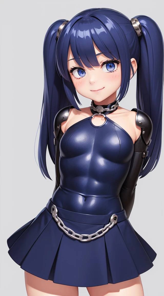  (masterpiece:1.3), (Best Quality:1.3), (Ultra-detailed:1.2), ((kawaii)), Cute, (lovely), ((sexy)), ((Extremely detailed)), 4K, (8K), Best Quality, (Beautiful), Illustration, anime style, (bold line:1.2), Gradation, looking at viewer, //, (bent down:1.1), (arms behind back), //, a cute girl, 1girl, (solo:1.2), gleaming skin, //, (flat chested), (Perfect eyes:1.2), (Perfect iris:1.2), //, darkblue hair color, (beautiful eyes) //, (half closed eyes:1.3), (sexual expression:1.2), Fascinated expression, smile, (blush:1.2), //, modern city background, on rock, skirt, twin tails, muscle girl, hard abs, intricate fantasy armor adorned with chains and skulls