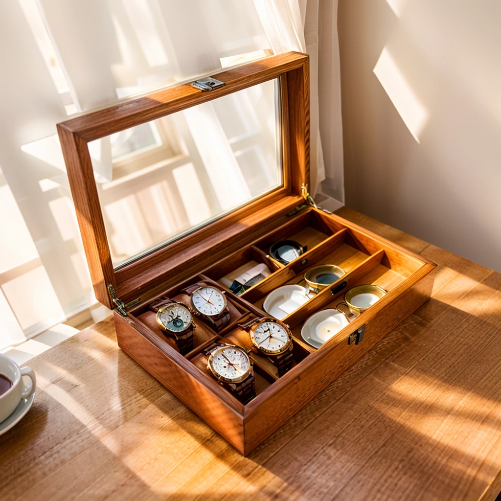 In this cozy room,A ray of sunlight shone through the half-drawn curtains on the table,Let the wood grain on the watch storage box shine with a faint luster。There was a calm and peaceful atmosphere in the air around them。There are several still lifes hanging on the walls of the room,It adds a touch of elegance to the space。And on the other side of the room,The half-open window lets in the breeze,The pages on the small desk by the window turned in the wind,This quiet scene gives a sense of tranquility and comfort。