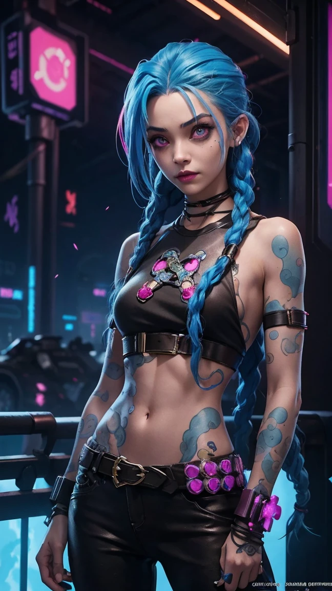 jinx arcane, uma mulher com hair blue e tatuagens, cyberpunk woman anime woman, pants, Beautiful angry cyberpunk goddess, cyberpunk artstyle, cyberpunk anime digital art, cyberpunk anime art, Arcane Jinx Retrato, cyberpunk anime art, cyberpunk themed art, cyberpunk dark fantasy, arcane style, 1 girl, cloud tattoo on the arm, asymmetrical bangs, bangss, hair blue, blue braids, brown shirt, cloud tattoo, sideways, hair blue, long hair, pink eyes, Red lips, standing , cloud tattoo, Twin braids. Arcane Jinx. Jinx in a burning place, spark, spheres of light, Film Poster, Jinx, Arcane\(league of legends\