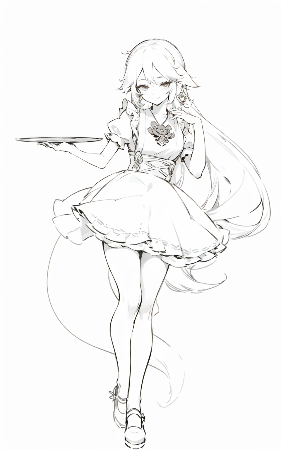 Yae Miko in a maid dress, pretty shoes, cute, smile, pretty face, long flowing hair