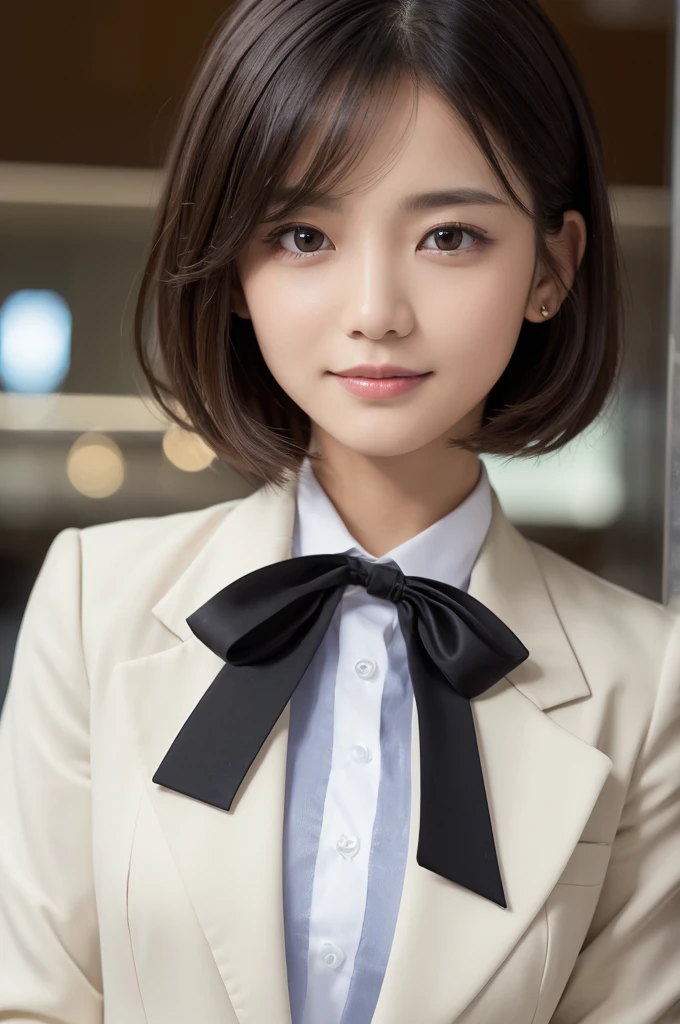 (Highest quality, 8K, masterpiece: 1.3)), concentrated: 1.2, Perfect Body Beauty: 1.4, ((Layered Haircut,Small breasts: 1.2)), (cafeteria:1.3), (blazer,ribbon,White Shirt : 1.3) ,valley, A shy smile,Highly detailed face and skin texture, Simple Necklace, (Beautiful, clear black eyes:1.3), double eyelid ,White skin, medium brown bob hair, golden ratio, (shut up: 1.3),