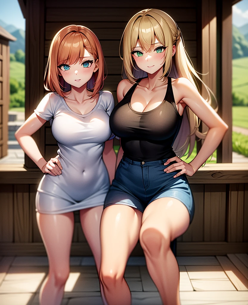 two girls, a blonde girl with green eyes, second redhead girl with blue eyes, with casual clothes